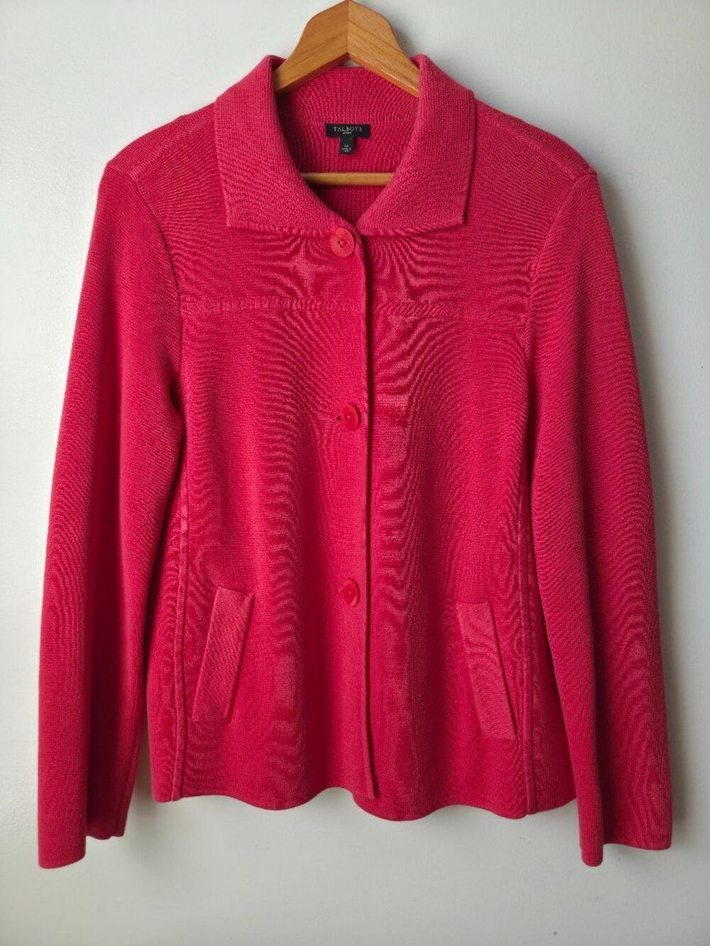 EUC TALBOTS PETITES FUSCHIA PINK BUTTON DOWN CARDIGAN COTTON BLEND SIZE L